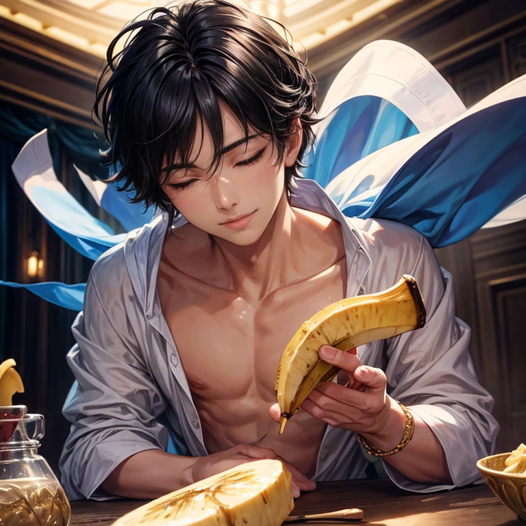 fantastic art of a beautiful prince,19yo,1boy,black hair,beautiful closed eyes,brush his lips against the banana,half-naked,noble,gentle,smile,young,noble,top quality,best picture quality,super masterpiece,super detailed,detailed light,fantastic atmosphere,very delicate and beautiful,highly detailed digital painting,cinematic lighting,8k