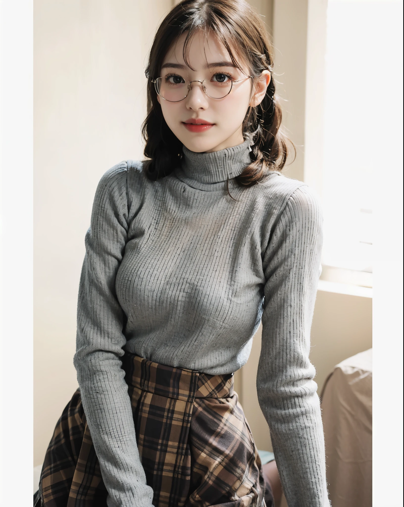 Top quality, one beautiful woman, 20 years old, 35mm lens, f/1, dark brown eyes, glasses, braids, black hair, pale skin, medium chest, slendar body  look at viewer, smile