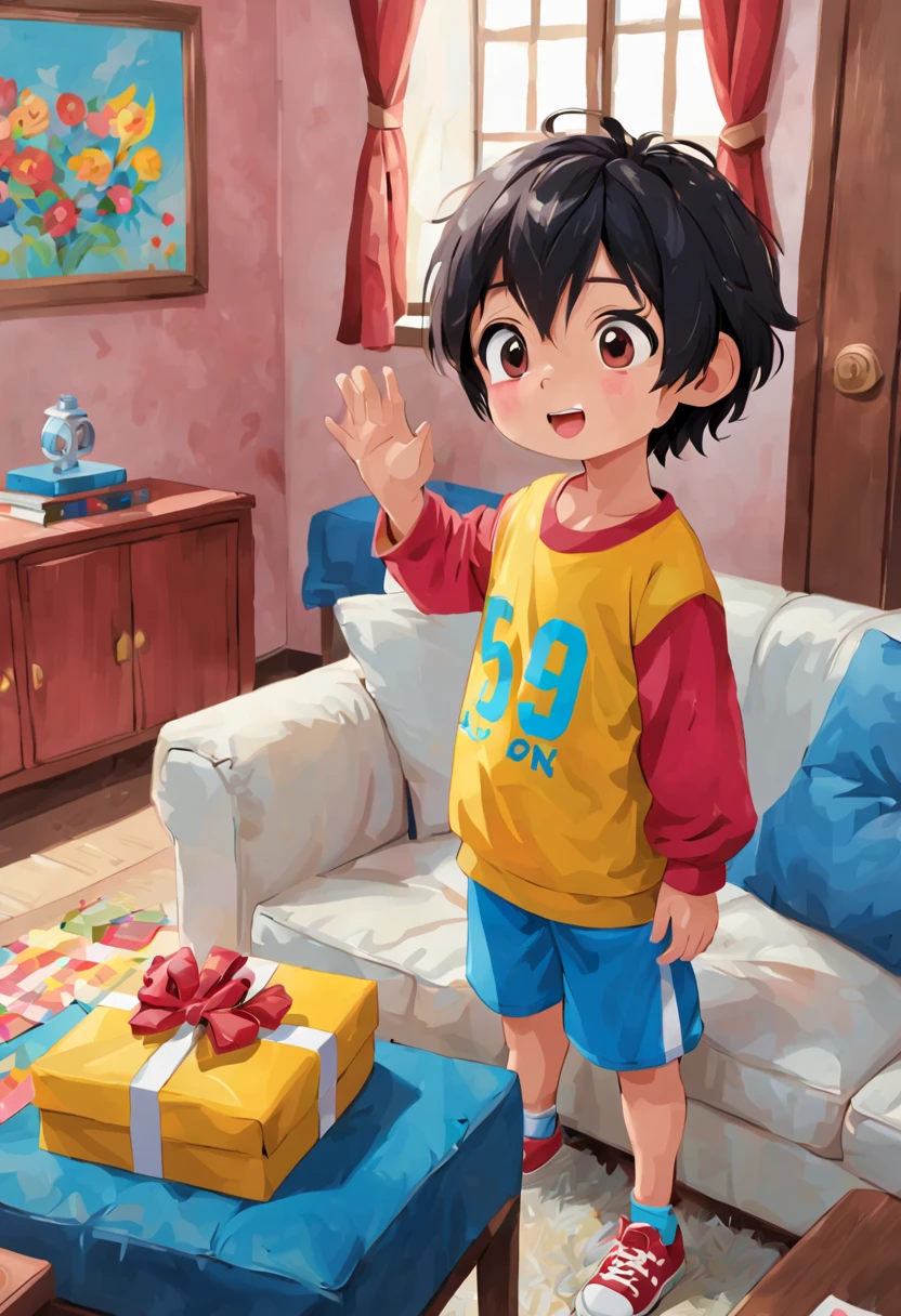 5 boy「Hiro-kun」Create a digital illustration of the moment when you receive your first allowance on your birthday.。Hiro-kunは興奮と喜びの表情でピカピカの500円玉を手にしています。he is wearing brightly colored children's clothes、The background is the living room of the house。This illustration、bright for children、Colorful and、Should have a warm atmosphere。