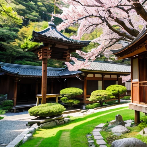 deep in the mountains,wooden,Temple of Japan,temple bell,Tesuisha,Jizo,A path lined with flourishing cherry blossom trees,pool