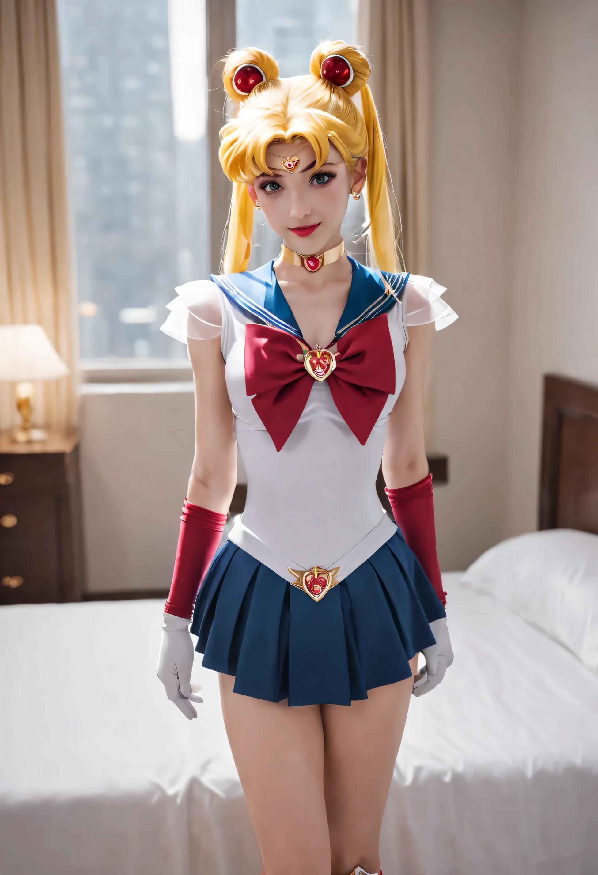 best quality, Super detailed, (1 girl, alone,super sailor moon, twice as good, Double tail, ring, earrings, collar, bow, Gloves, tights, mini skirt, smile fang,  relaxed posture, elbows extended, permanent, ,), in a hotel room