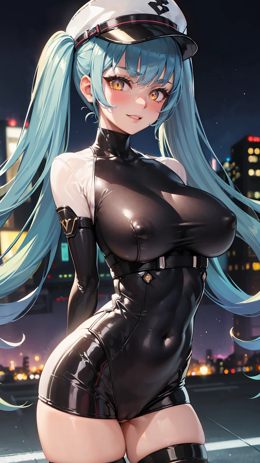 ((highly detailed)), nikke, privaty, perfect human hands, (great breast:1.1),masterpiece, best quality, ultra-detailed, glistening shiny, glowing light, ray tracing, HDR, deph of field, (perfect face, detailed face, detailed eyes,perfect hands,perfect fingeredium :1.2),8k,HD,ultra realistic face,ray tracing,perfect lighting,best quality, ultra-detailed, shiny eyes, (looking at the viewer, smiling:1.1), ((1girl:1.2)),cowboy shot,thicc,streaked_hair,((blue gradient hair)),multicolored eyes, gradient eyes, (glowing eyes:1.5), mascara, (fashion make up), (parted lips,blush,cameltoe, city at night, cars, crowd, street, shopping),((super detailed background)), dynamic poses, ((8k wallpaper)), (mature female), military uniform, long sleeves, straps, hat, white headwear, black thighhighs, uniform