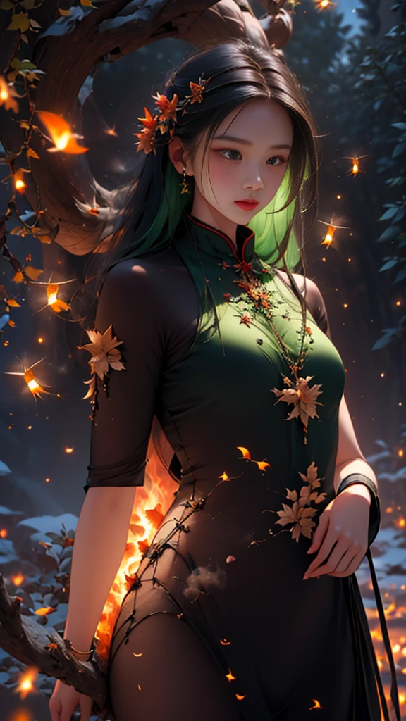 wallpaper,(4K,UHD,HDR,Highest image quality), three-point perspective, (Beijing Opera style:1.6,Goodbye My Concubine), (Cyberpunk:1.3,Buddhist elements:1.1),(Chaos smoke:1.7 bao quanh,Sparkling green fireflies:1.7),Empress, Wielding,Enhance facial details, Armor mask covering the face,(Water dragon and phoenix clothes, plum flower,mushroom,maple leaf,Red carp pattern lantern, Crystal Deer),đèn Sparkling green fireflies:1.2,Good clouds,Battle scenes,(starry sky),middle shot,