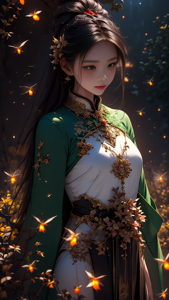 wallpaper,(4K,UHD,HDR,Highest image quality), three-point perspective, (Beijing Opera style:1.6,Goodbye My Concubine), (Cyberpunk:1.3,Buddhist elements:1.1),(Chaos smoke:1.7 bao quanh,Sparkling green fireflies:1.7),Empress, Wielding,Enhance facial details, Armor mask covering the face,(Water dragon and phoenix clothes, plum flower,mushroom,maple leaf,Red carp pattern lantern, Crystal Deer),đèn Sparkling green fireflies:1.2,Good clouds,Battle scenes,(starry sky),middle shot,
