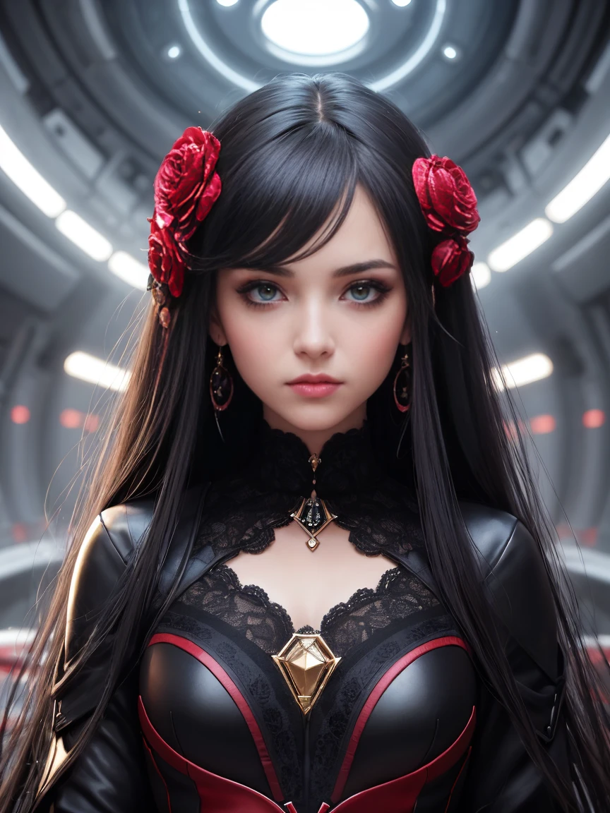 sci-fi poster, full body shot, A dark horizon with a single bright, bold light breaking through the darkness. , best quality, illustration,(beautiful detailed girl), (((masterpiece))), best quality, illustration,(beautiful detailed girl), beautiful detailed radiance, (beautiful detailed eyes), expressive, (16-year-old girl:1,4), disheveled hair, long bangs, ,(black and red dress), black ribbon, empty look, flower, working in a greenhouse, (spaceship 1.6), sexy Gothic lolita, Mona Genshin Impact, high detail, 1girl, small, , long hair, bright blue eyes, perfect appearance, perfect eyes realistic, flawless hair, bangs, makeup, earrings, necklace, decorations, (magic eyes), sparkling eyes, cold expression, aloof, Detailed face, High detail masterwork by Pascal Blanche Rutkowski, Repin Art station, Hyperrealistic painting, Concept ART of detailed character design, Matte painting, 4K resolution, Mysterious half-open chestr, Glamour, Medium make-up
