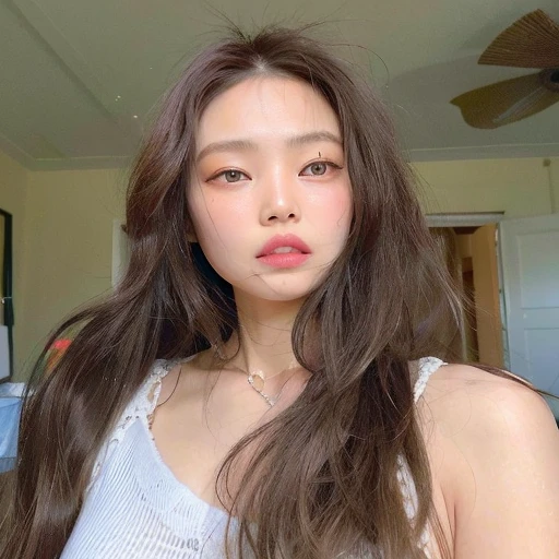 Hay una mujer con el pelo largo y una camiseta blanca sin mangas, jennie rosa negro, heonhwa choe, hermosa mujer surcoreana, hermosa joven coreana, hermosa joven coreana, joven y adorable rostro coreano, a young asian woman, gongbi, young cute wan asian guy, asian guy, gemma chen, maquillaje popular de corea del sur, jaeyeon nam, muchacha coreana