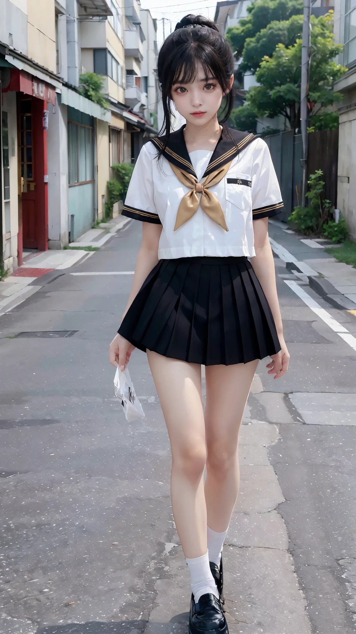 masterpiece, highest quality, realistic, RAW photo, Digital single-lens reflex camera, ((1 person)), Beautiful Japan girl at 18 years old, shiny fair skin, Realistic beautiful make-up face, realistic and beautiful eyes, double eyelid, (((anxiety, frightened eyes:1.3, fear, nervous:1, tears, cry:1.4, afraid))), The most detailed shiny black hair and bangs, ((ponytail hair)), slim body shape, slim face, slim waist, medium breasts, (((Japanese student dark ocher sailor suit:1.5, summer clothes:1.3, gold skirf, pleated mini skirt:1.2, black sox:1.2, brown loafer shoes:1.2, white panty:1.2))), (((walking:1.3))), Leaving school, (((A path in a lonely residential area, dark path))), ((foggy)), realistic shadow, Depth of bounds written, The best delicate and beautiful photos, ultra high resolution, 8K UHD Wallpapers, (((from below:1))), nsfw, upper half body