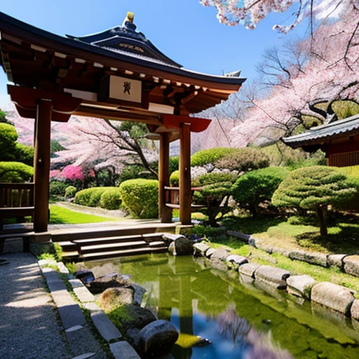 deep in the mountains,wooden,Temple of Japan,temple bell,Tesuisha,Jizo,A path lined with flourishing cherry blossom trees,pool,waterfall