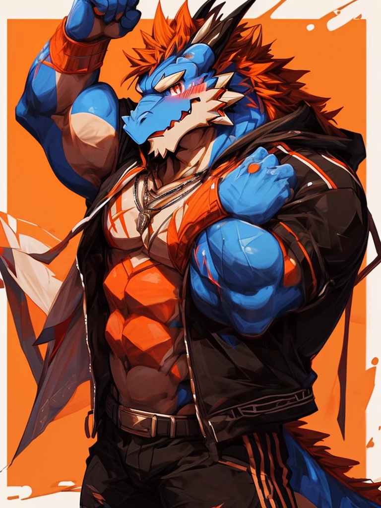 male，blue dragon，orange arm，orange hair，muscle，Lean meat texture，Visible abdominal muscles，Hooded black jacket，blush，Big red eyes，blank background，Multiple angles of the same character 1:5，masterpiece，4k quality