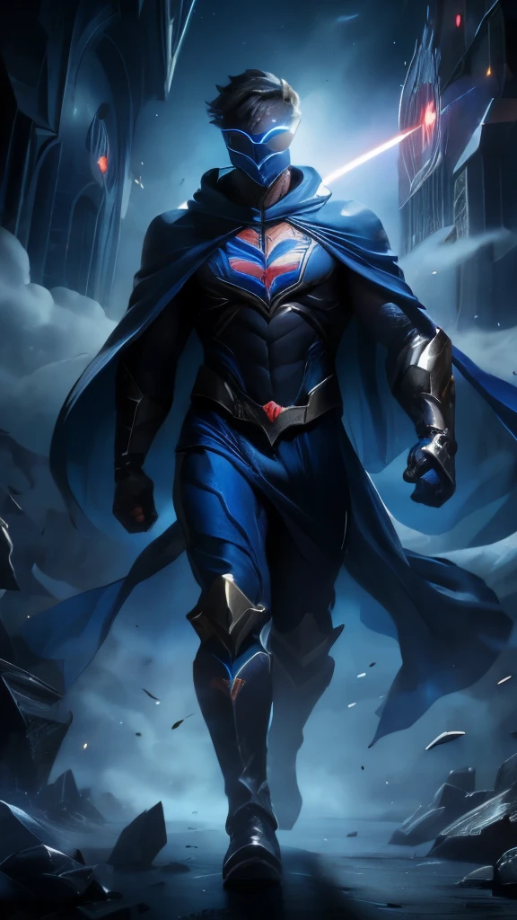 Superheroe, blue cape, flying, clouds, blue laser, high detail, black boots, full body, eyes mask