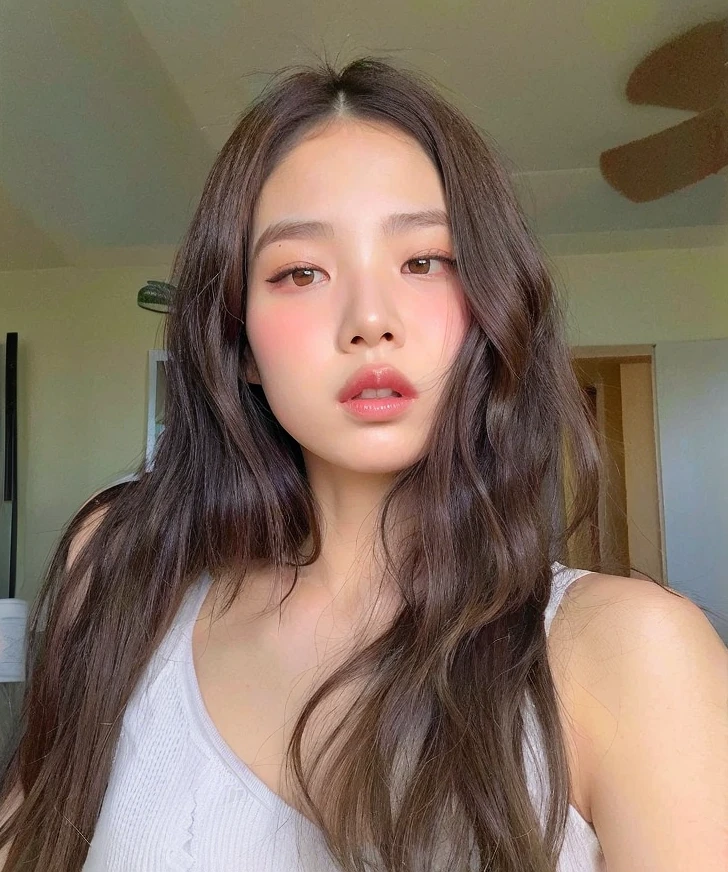 Hay una mujer con el pelo largo y una camiseta blanca sin mangas, jennie rosa negro, heonhwa choe, hermosa mujer surcoreana, hermosa joven coreana, hermosa joven coreana, joven y adorable rostro coreano, a young asian woman, gongbi, young cute wan asian guy, asian guy, gemma chen, maquillaje popular de corea del sur, jaeyeon nam, muchacha coreana