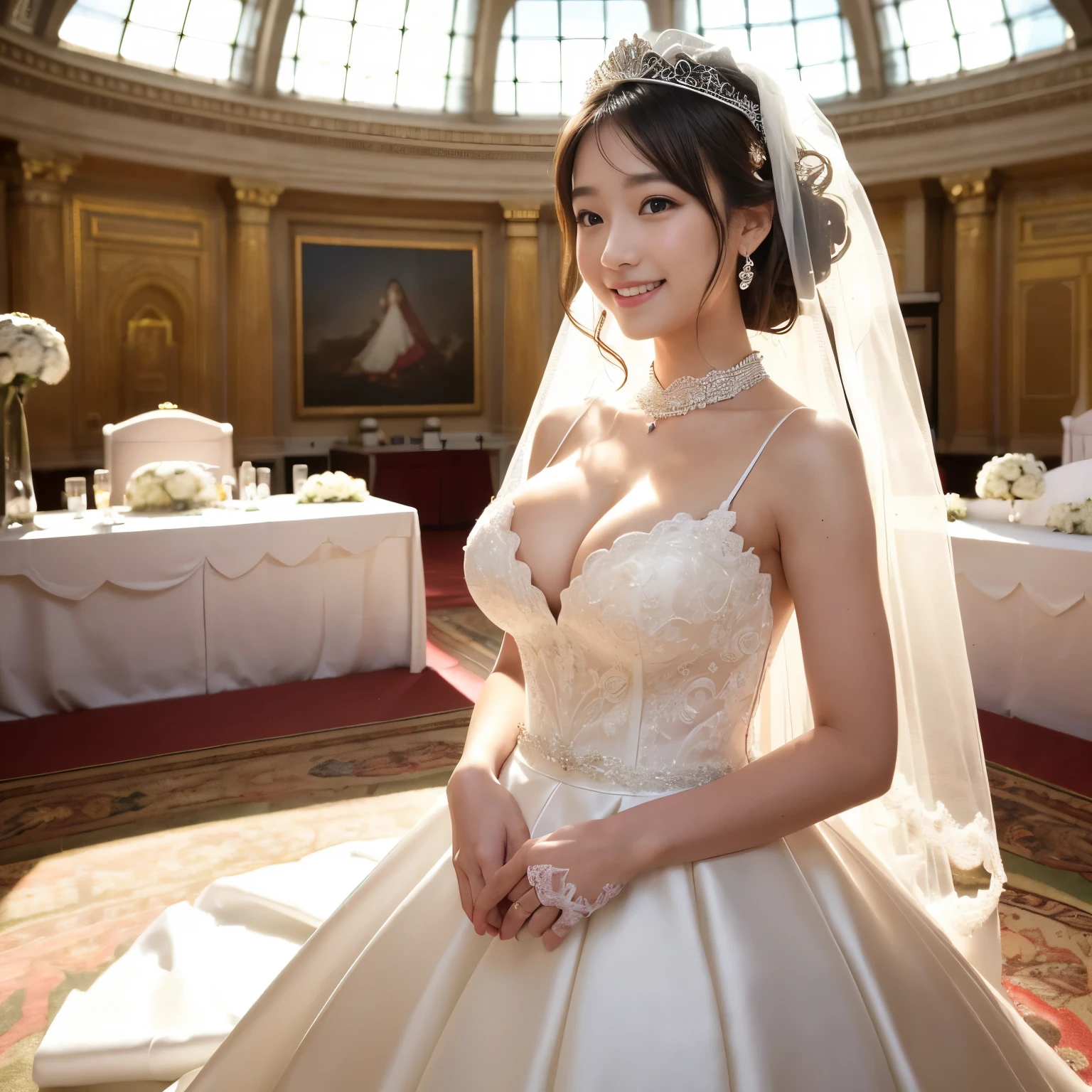 (table top、highest quality、8K、very detailed and intricate details、The most complex and detailed textures、ultra high resolution)、(very young girl in a wedding dress:1.2)、(Big breasts that are about to burst:1.25)、bride'upper body photo、perfect gas chamber、the best smile when you look at me、highest qualityの巨大なティアラ、highest qualityの巨大なネックレス、Very bright lighting、Beautiful skin that shines white、(Wedding ceremony in a dome-shaped luxury princess room:1.3)、detailed background