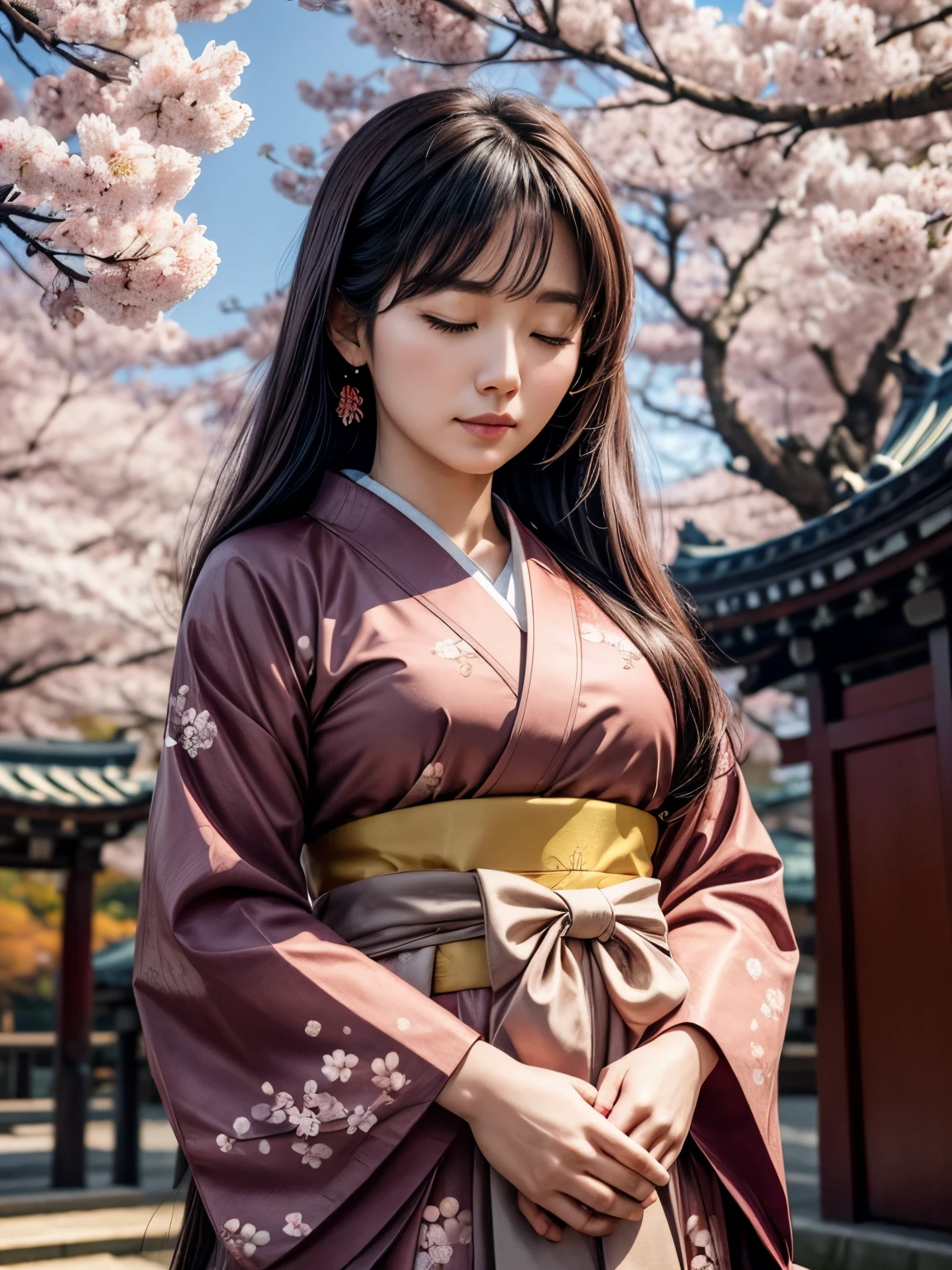 ((masterpiece, best quality)) <lora:Persona4AiEbihara:0.8> Persona4AiEbihara, 1girl, solo, brown hair, brown eyes, in a traditional kimono, surrounded by cherry blossoms, one hand on the thigh