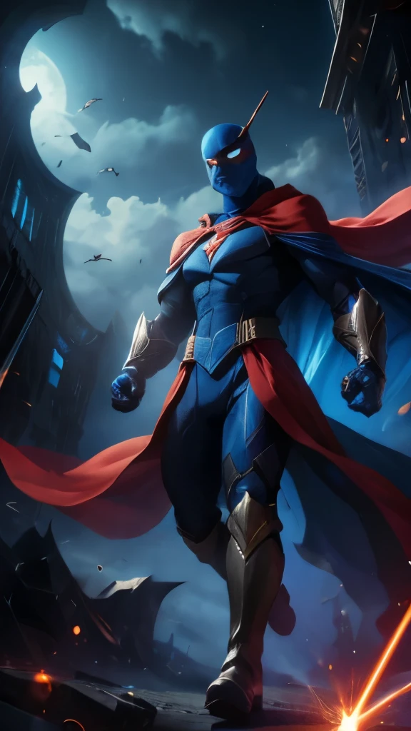 Superheroe, blue cape, flying, clouds, blue laser, high detail, black boots, full body, eyes mask