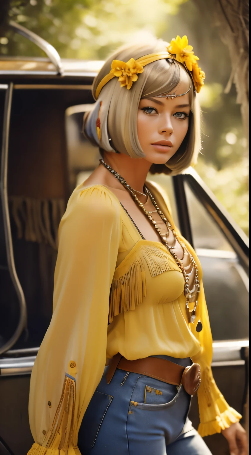 RAW photo of 50 years old Doutzen Kroes, dressed in yellow yellow peasant blouse paired with bell-bottom jeans and fringe accessories. She wears a headband or flower crown in her long, flowing hair. The setting is a bohemian-inspired outdoor music festival or a peaceful nature backdrop, capturing the free-spirited and laid-back vibe of the era 60Retro69Punch75, beautiful woman, medium breasts, platinum blond hair, (bob haircut:1.2), wrinkles on the face,