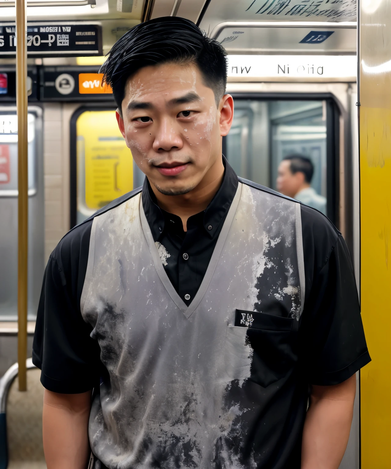 (stand:1.2)asian man handsome luxury a fitted man wears a (black clothes love:1.2), on (New York subway background:1.25), far shot, (Sweating:0.8), (yellow:0.5) (white:0.8) (Dry stains:1.4), masking, old, unfortunately, all, sticky, Nasty, disgusting, (Dirty:0.4), happy orgasm