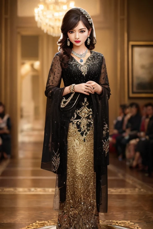photorealistic,fullbody shot,cinematic shot, studio lighting, shot Phase One, ISO 100,  natural lighting , sharpen , lightroom, fine art photography, hyperdetailed, highly detailed, 8 k,  sharp details on face,  photography, woman,  java wedding woman in black kebaya dress traditional and batik skirt, looking at viewer, jewerly and hair on hair, red lipstick, golden necklace, earrings, ornate, detail, flowers, blurry background, soft focus