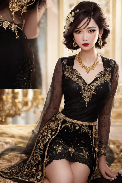 photorealistic,fullbody shot,cinematic shot, studio lighting, shot Phase One, ISO 100, natural lighting , sharpen , lightroom, fine art photography, hyperdetailed, highly detailed, 8 k, sharp details on face, photography, woman, java wedding woman in black kebaya dress traditional and batik skirt, looking at viewer, jewerly and hair on hair, red lipstick, golden necklace, earrings, ornate, detail, flowers, blurry background, soft focus
