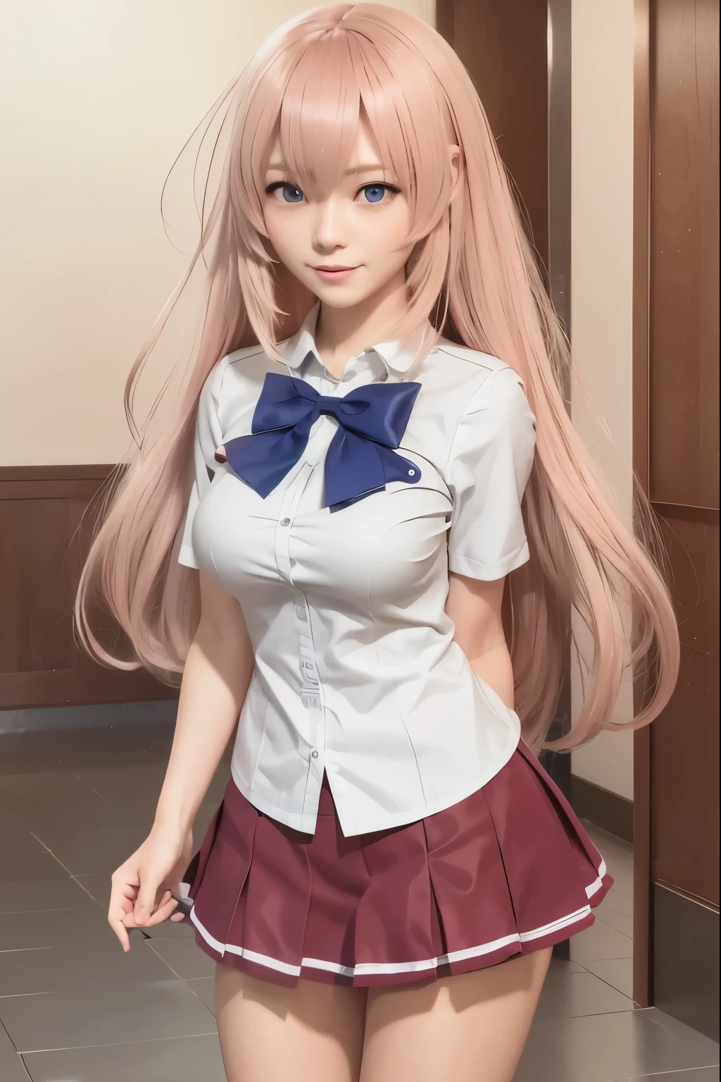 Realistic Picture of Ichinose Honami, Female anime character, classroom of the elite character, High student, 17 yeaing, have long pink hair, violet blue eyes, smiling mouth, happy face, happy expression, left hand behind his back, wear school uniform, white short shirt, blue bow tie, red skirt with white line, realistic character texture, 3d character figure, ultra detailed face, full body, school corridor background