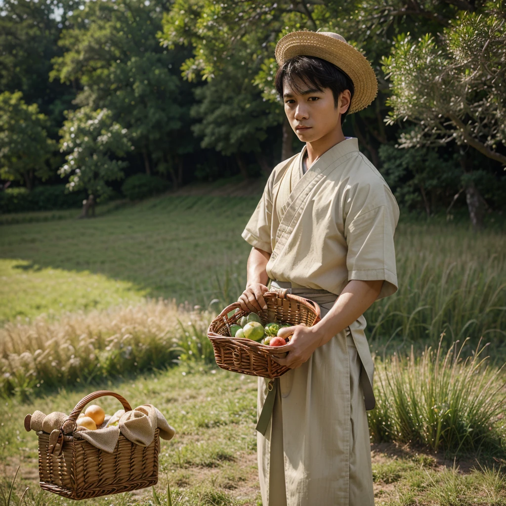 High resolution, Super detailed, masterpiece, highest quality,oriental、boy、boy working in the field、grassland、Basket Bag、Wearing traditional Japanese costumes、Japan ancient hairstyles、game poster、alone、