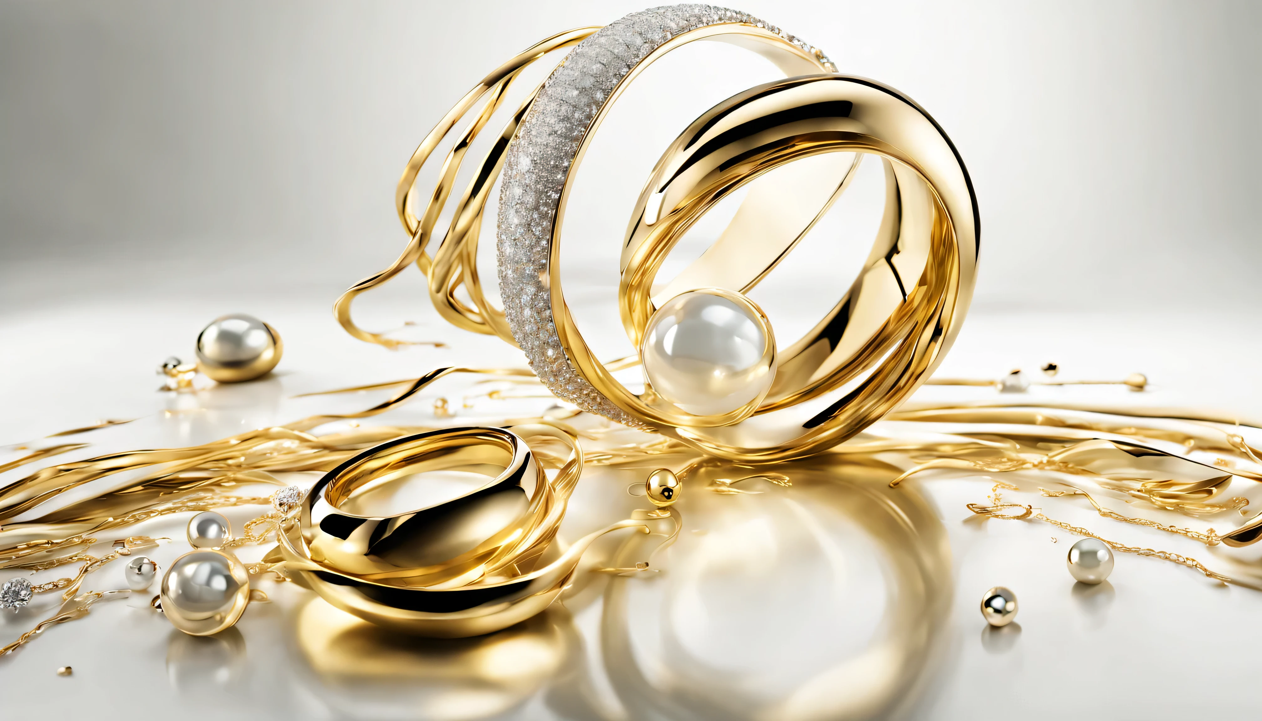 The picture presents itself in pure elegance, with straight edges and a stunning contrast between liquid gold and flawless gold, pure white background. Die klaren Linien verleihen dem Bild eine zeitlose Raffinesse, while the flowing gold adds a sensual and luxurious touch. The minimalist aesthetic emphasizes the beauty of jewels in their purest form, The liquid gold gives it a dynamic dimension and a touch of movement. This stunning image is perfect for your website banner, because it creates a sophisticated and modern presentation for high-quality jewelry, The liquid gold provides a fascinating visual appeal.