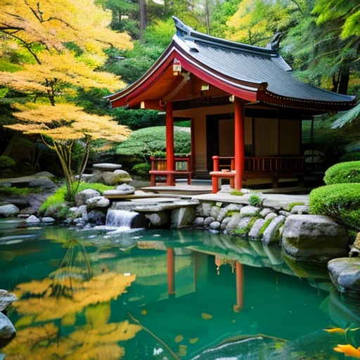 Deep in the mountains,wooden,japanese temple,temple bell,Tesuisha,Jizo,waterfall,within the territory,pool,Golden carp and red carp are swimming in the pond