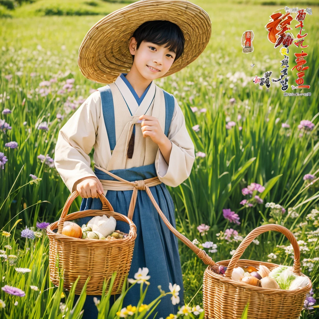 High resolution, Super detailed, masterpiece, highest quality,oriental、boy、boy working in the field、grassland、Basket Bag、Wearing traditional Japanese costumes、Japan ancient hairstyles、game poster、alone、