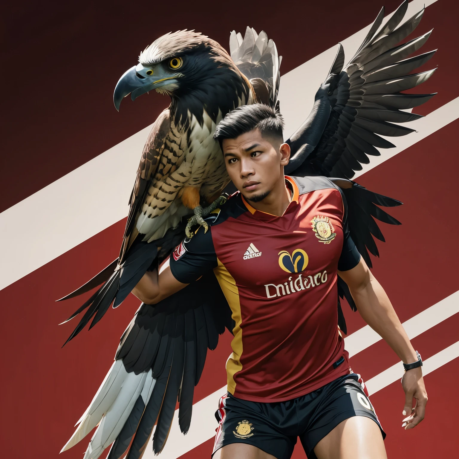 Bird hawk mascot playing football, Indonesian national team football shirt, animal
