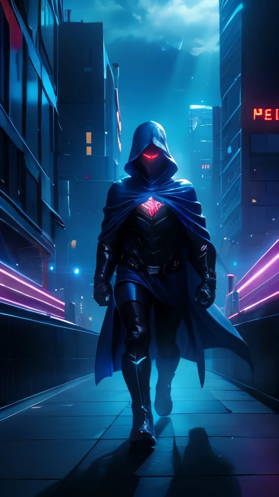 Superheroe, blue cape, clouds, blue laser, high detail, black boots, full body, face mask, night city, neon lights, led lights, walking on rooftop