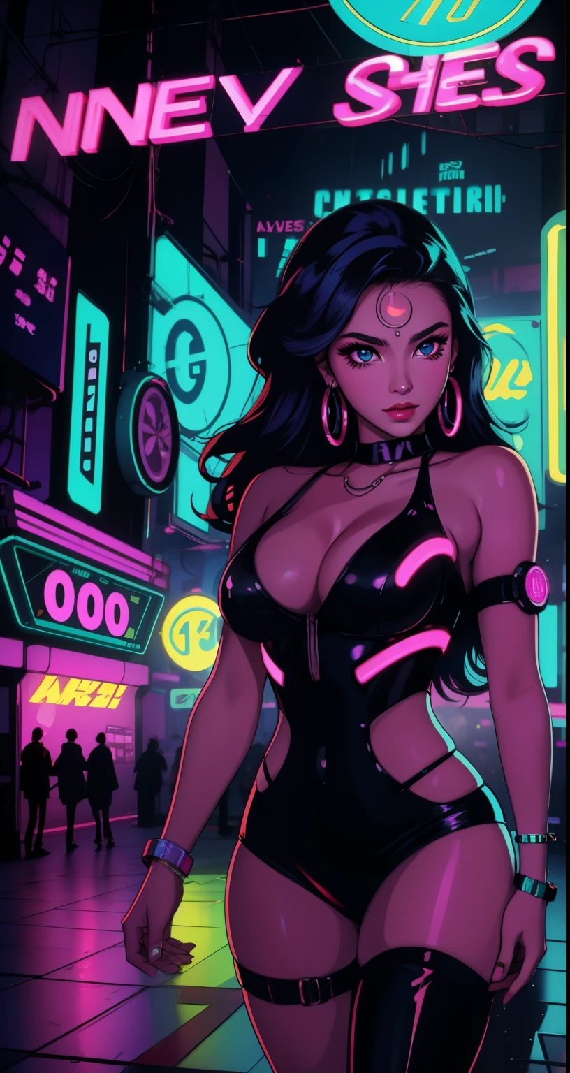 Perfect eyes Description: Create an exciting scene, combining nostalgic retrowave style with a futuristic cyberpunk aesthetic in a vibrant and inviting nightclub setting.  The main attention should be paid to the image of the most beautiful girl, combining vintage and futuristic elements.  The painting should depict a stylish car, surrounded by neon lights and signs, radiating radiance and a sense of nostalgia.  The viewer must be transported into an exciting world, where retrofuturism meets the pulsating energy of a cyberpunk nightclub.  Let the colors be bright, Elegant design and intricate details bring this breathtaking scene to life, immersing viewers in an atmosphere of enchantment and excitement.