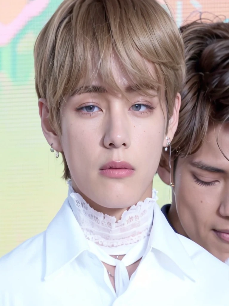 A close-up of two young men with short hair and white shirts, Jimin\his right eyelid is swollen, Jimin\los labios carnosos, accurate Jimin face, Jimin\la nariz griega, Jimin, ironic smile, sus ojos parecen sabios, yanjun chengt, cai xukun, park Jimin, Sus ojos sangran intensamente, taehyung comiendo papas fritas gucci