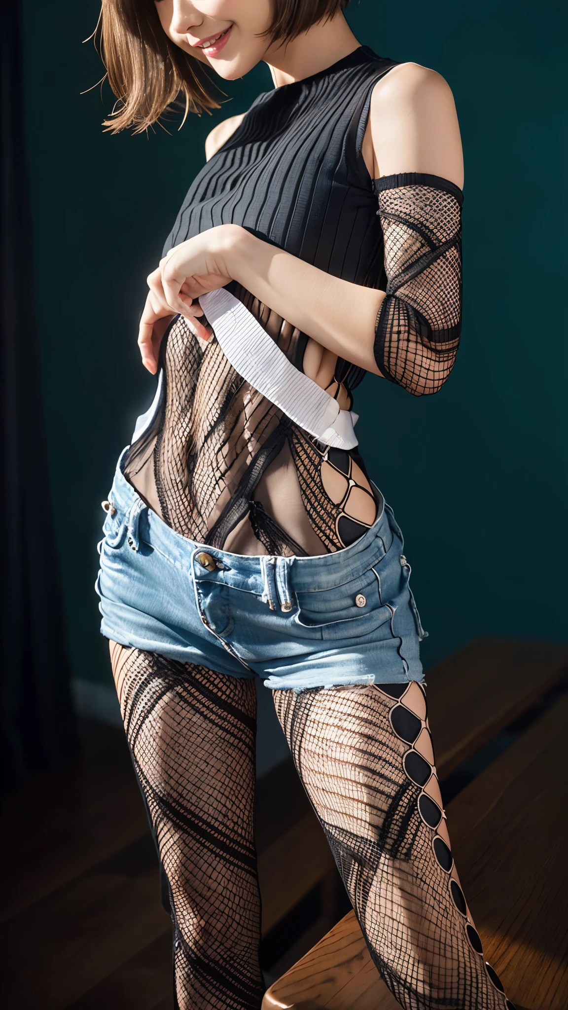 (A very cute 20 year old young woman from Japan), ((bright blonde delicate hair)), ((messy side wave short hair)),(((Slender and slender body type))),medium bust size、small breasts、 (((Clean hands))),(curly hair),(((very kind smile))), (((she wears random colored panties))),(((she is wearing a random colored bra))) ((highest quality, 16k, table top: 1.3)), light shines on your face, highly detailed face, highly detailed lips, fine eyes,