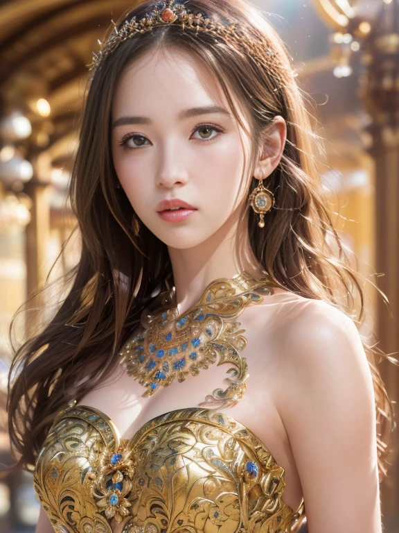 (masterpiece, ultra quality, high-res, 10, intricate: 1.2), (detailed face:1.2),so pretty, Detailed skin,Brown hair, pores, Absurd , whimsical, [Show your shoulders.],1 girl,Gold dress, ((Realistic)), good lighting quality, korean girl, ((pale skin)), balanced eyes,Princess of the Desert