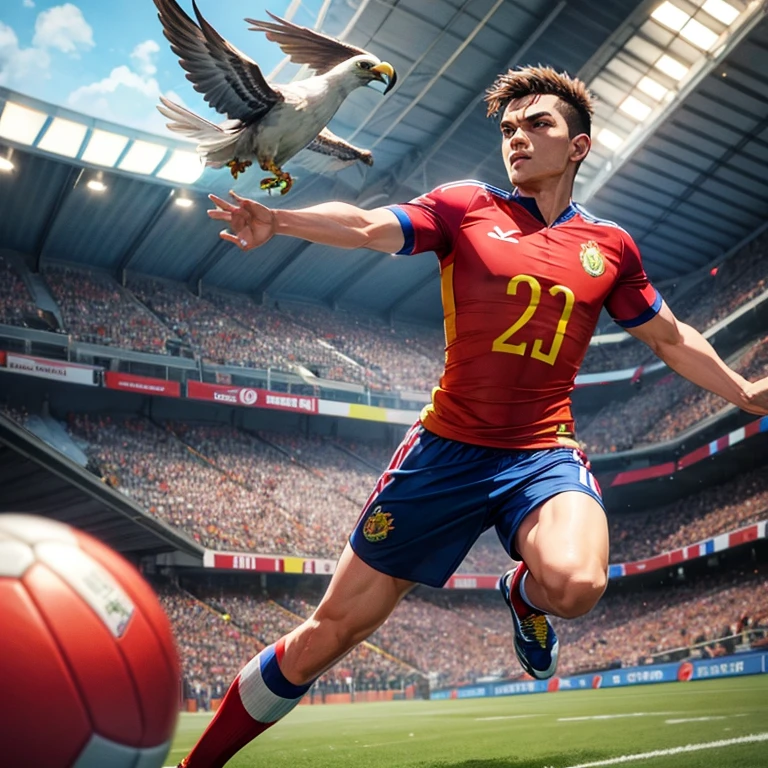 Bird hawk mascot playing football, Indonesian national team football shirt 
