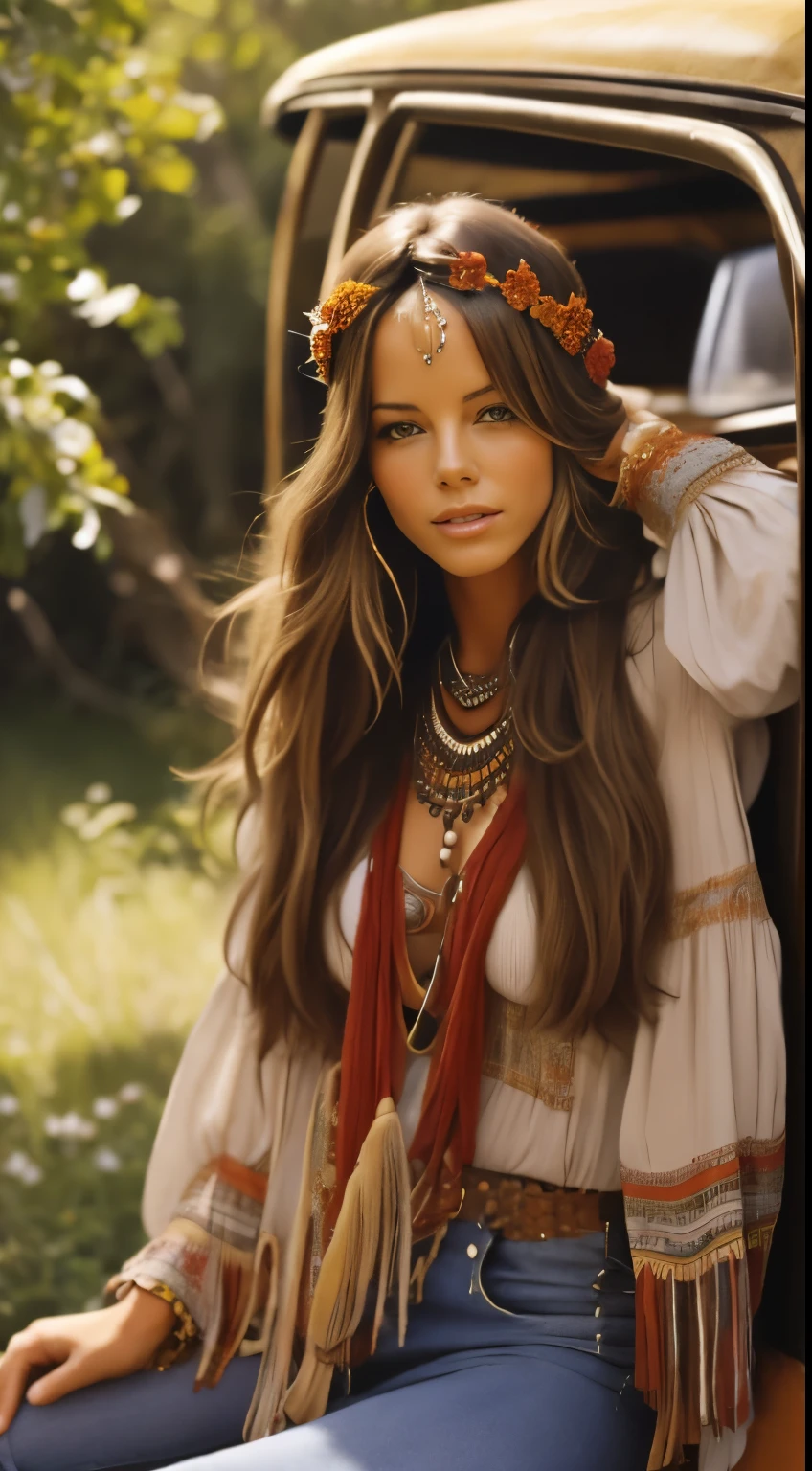 Foto hiperrealista en primer plano de Kate Beckinsale, dressed in red peasant blouse paired with bell-bottom jeans and fringe accessories. She wears a headband or flower crown in her long, flowing hair. The setting is a bohemian-inspired outdoor music festival or a peaceful nature backdrop, capturing the free-spirited and laid-back vibe of the era 60Retro69Punch75, beautiful woman, skinny, small breasts, straight brown hair, detailed face, smile, photo taken from a distance, age 20 tears old