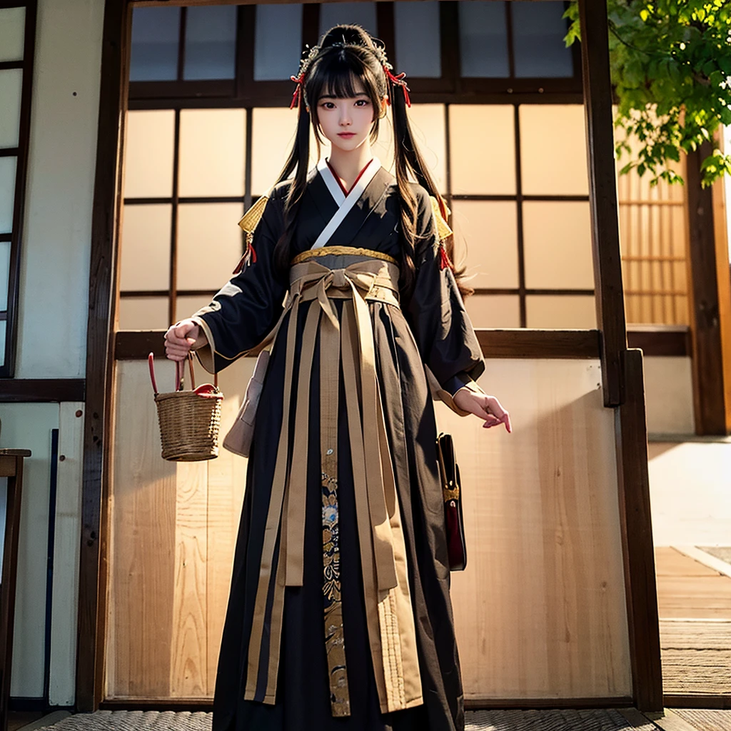 High resolution, Super detailed, masterpiece, highest quality,oriental、boy、boy working in the field、grassland、Basket Bag、Wearing traditional Japanese costumes、Japan ancient hairstyles、game poster、alone、