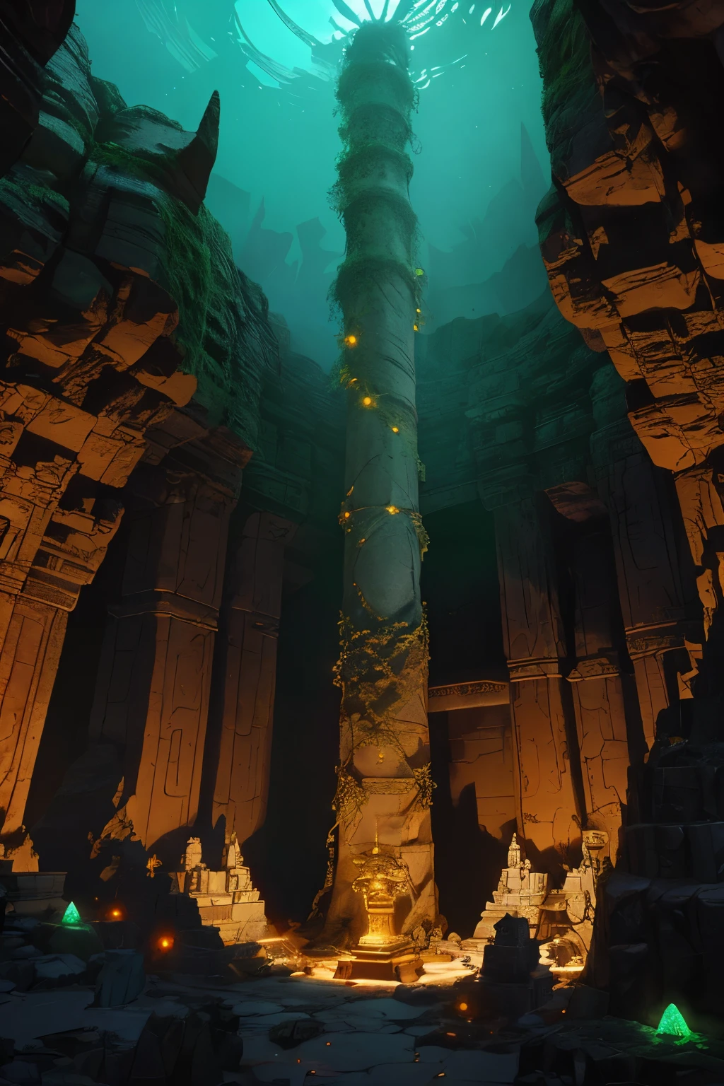 In the depths of a fantastical underground cave, the ruins of an alien civilization shimmer with an otherworldly glow. Mysteriously hidden within this labyrinth of stone and minerals lies a tomb, guarded by the rusted metal coffin of an ancient king. Glistening treasures await discovery within, including glowing gold coins that seem to pulse with an unknown cosmic energy. The terracotta warriors stand guard, their intricate features preserving the essence of this long-lost culture. As a curio, an alien text totem is etched with cryptic symbols, hinting at the Ultra-future technology that once thrived here.
Behold the epic grandeur