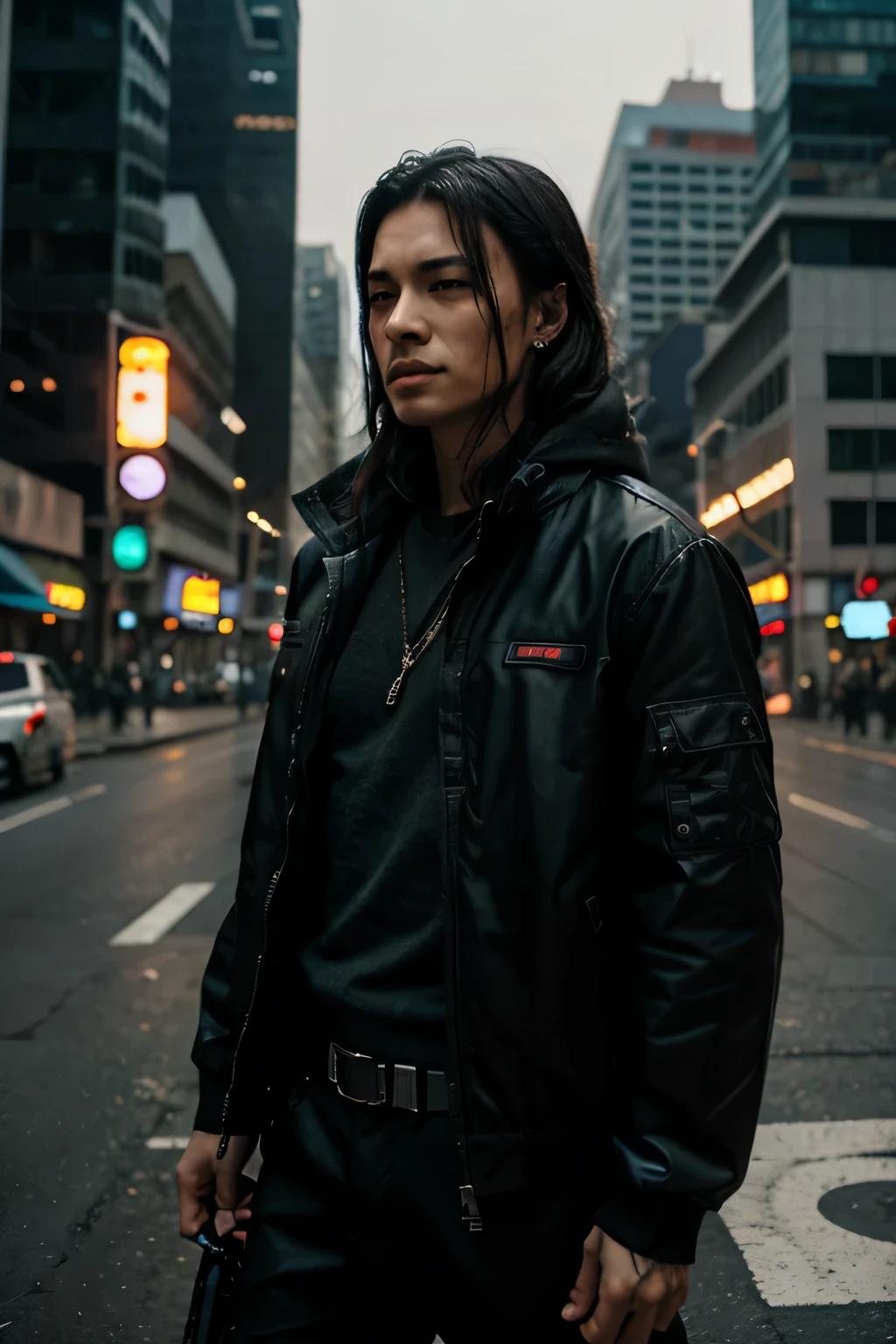 Cyber gangster character .Cyberpunk city in the background