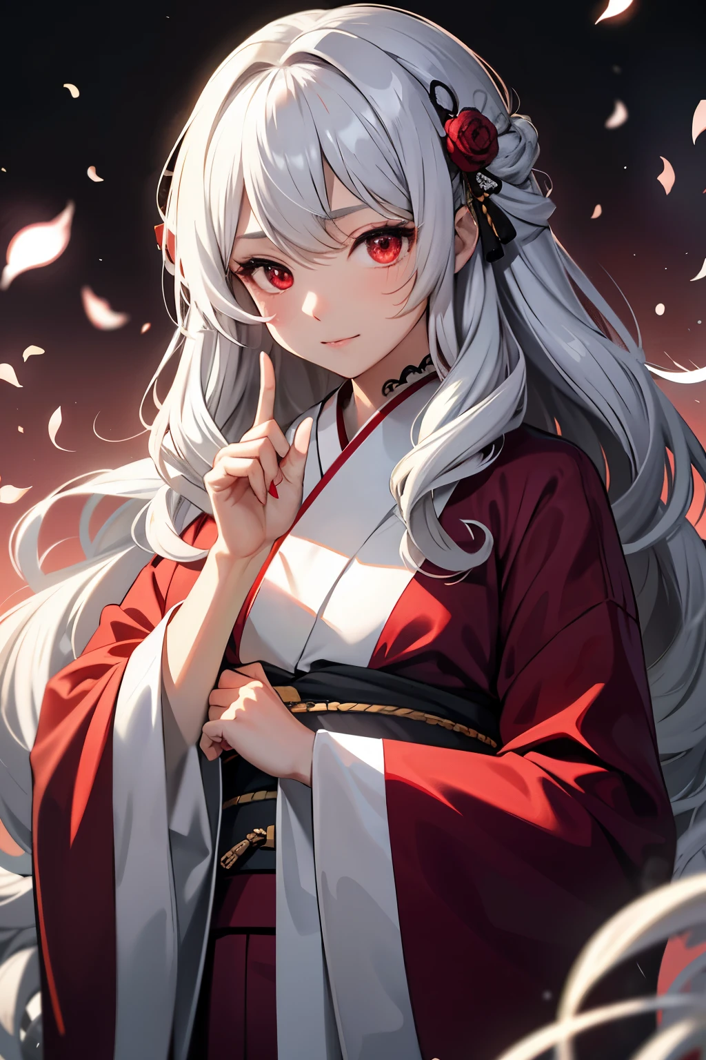 silver hair,Lady,red eyes,fluffy,kimono,wavy hair,long hair,Less exposure,kind,It's warm,