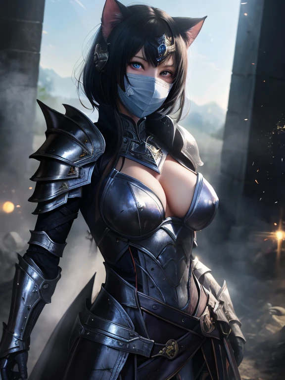 1girl, black hair, blue eyes, wearing full body armored suit, particles in background, absurdres, high res, ultrasharp, 8K, masterpiece, looking at viewer, cat girl ears same color as hair, mask, hands armored gloves, long cape, tmasterpiece， ultra fine photos， best qualtiy， realisticlying， rays of sunshine， full-body portraits, cleavage breasts, delicated face，Vibrant eyes，very highly detailed background, detailed background, high detail skin, Realistic details of skin，Visible pores，Clear focus，volume fog，8K UHD，digital SLR camera，high high quality，filmgrain，White skin of the，photorealistic, battlefield background