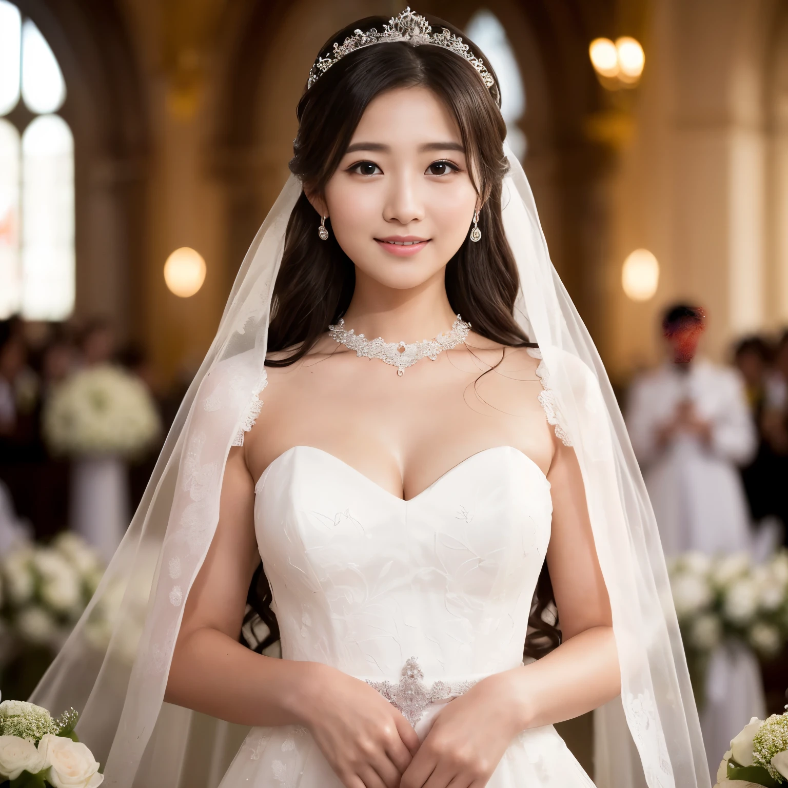 (table top、highest quality、8K、very detailed and intricate details、The most complex and detailed textures、ultra high resolution)、(very young girl in a wedding dress:1.2)、(Big breasts that are about to burst:1.25)、bride'upper body photo、perfect gas chamber、the best smile when you look at me、(highest qualityの巨大なティアラ:1.1)、(highest qualityの巨大なネックレス:1.1)、(Very bright lighting、Beautiful skin that shines white)、(the most luxurious and exclusive:1.1)、(Wedding ceremony in a dome-shaped luxury princess room:1.3)、detailed background
