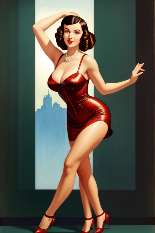 Beautiful woman in Art Deco fashion style, brown hair, dancing, gigantic breasts, full body shot