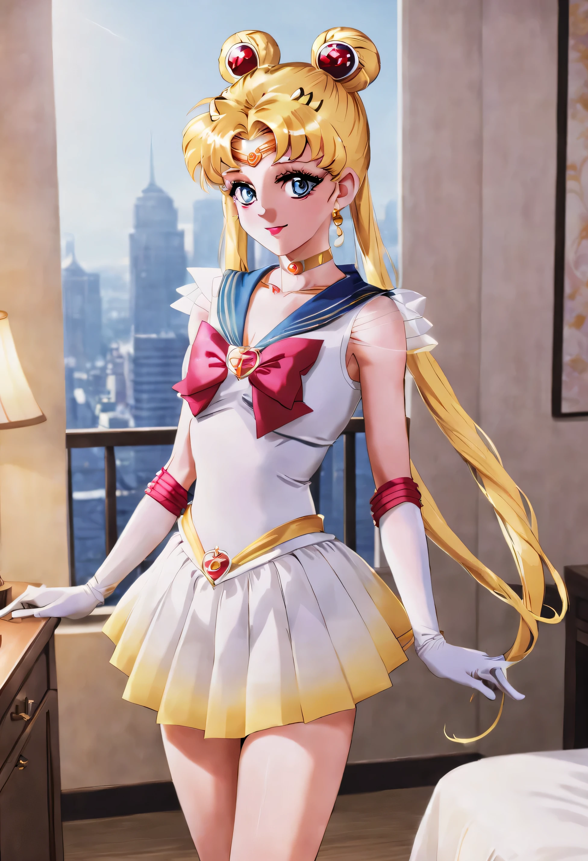 best quality, Super detailed, (1 girl, alone,super sailor moon, twice as good, Double tail, ring, earrings, collar, bow, Gloves, tights, mini skirt, smile fang,  relaxed posture, elbows extended, permanent, ,), in a hotel room