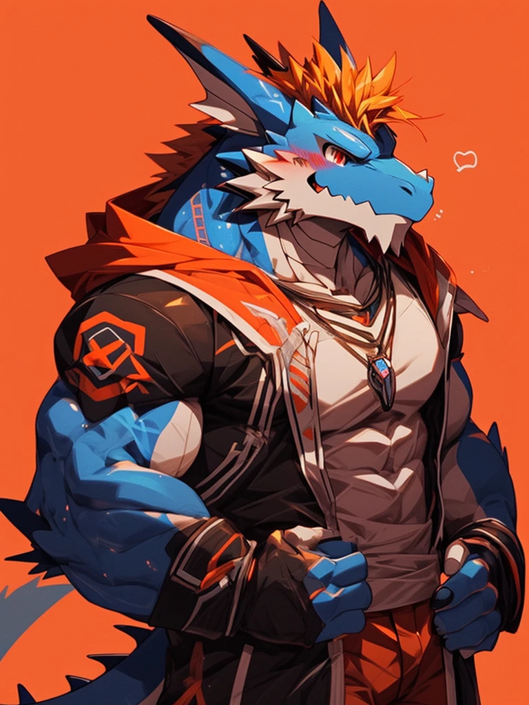male,blue dragon,orange arm,orange hair,muscle,Lean meat texture,Visible abdominal muscles,Hooded black jacket,blush,Big red eyes,blank background,Multiple angles of the same character 1:5,masterpiece,4k quality