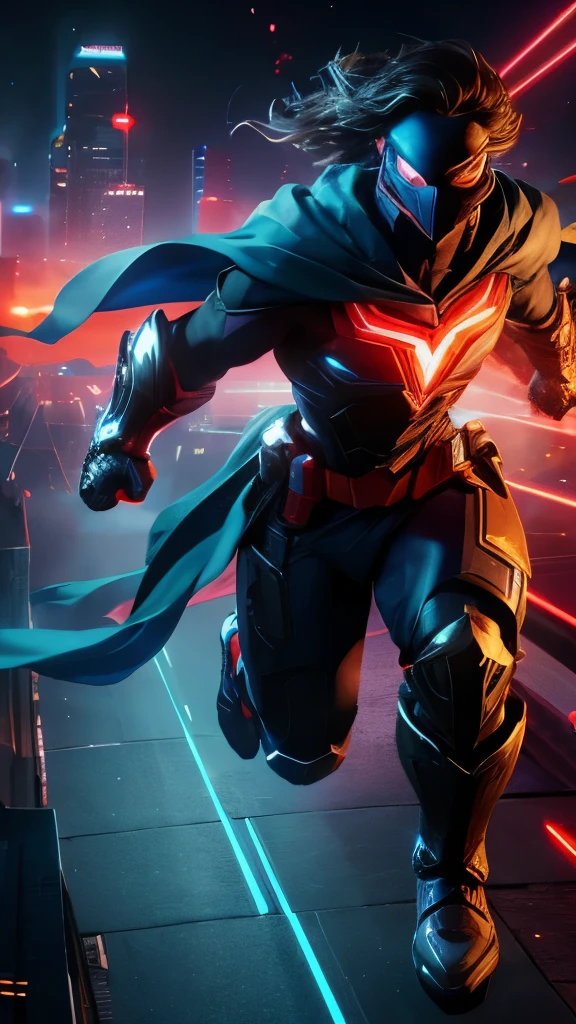 Superheroe, blue cape, clouds, blue laser, high detail, black boots, full body, face mask, sunset city, neon lights, led lights, running on rooftop, explosions