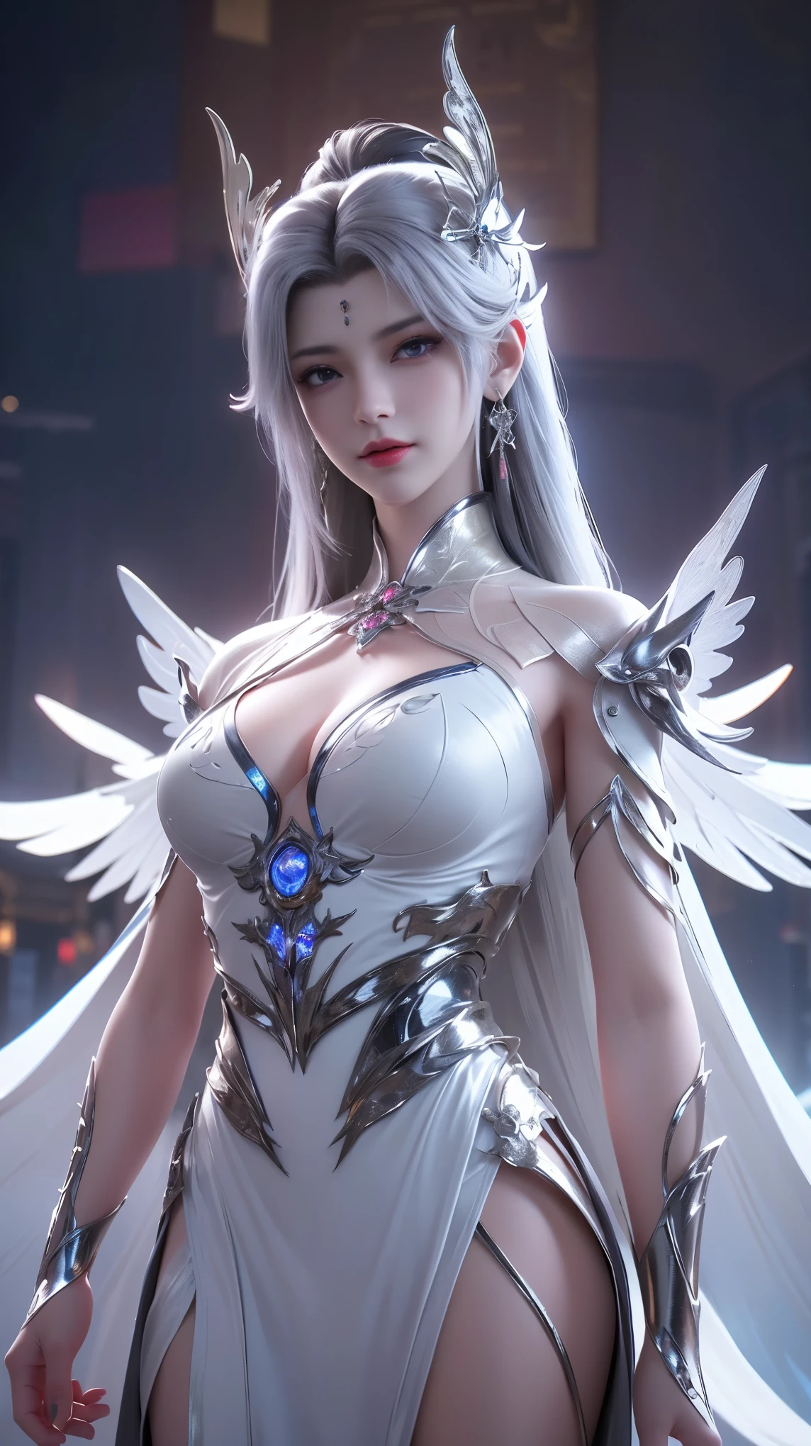 top-quality、​masterpiece、超A high resolution、(Photorealsitic:1.4)、Raw photo、Battle Cyborg Angel、large wings made of metal、White porcelain body、Acrylic Clear Cover、white  hair、glowy skin、1 Cyborg Girl、((super realistic details))、portlate、globalillumination、Shadow、octan render、8K、ultrasharp、character edge light,Colossal tits、Raw skin is exposed in cleavage、Details of complex ornaments、Zeta Gundam details、Hydraulic cylinder、Small LED lamp、highly intricate detail、Realistic light、a purple eye、radiant eyes、Facing the camera、neon details、cowboy  shot、Futuristic headgear、About Cyberpunk、、