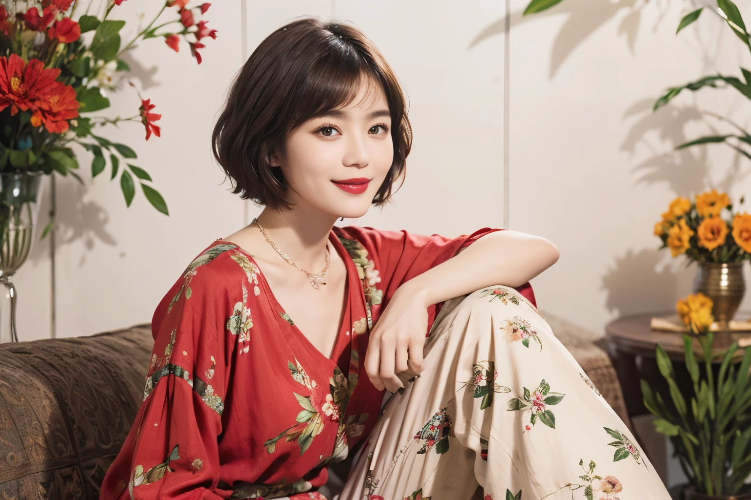 149
(20 year old woman,floral print outfit,pants), (Super realistic), (high resolution), ((beautiful hairstyle 46)), ((short hair:1.46)), (gentle smile), (brest:1.1), (lipstick)