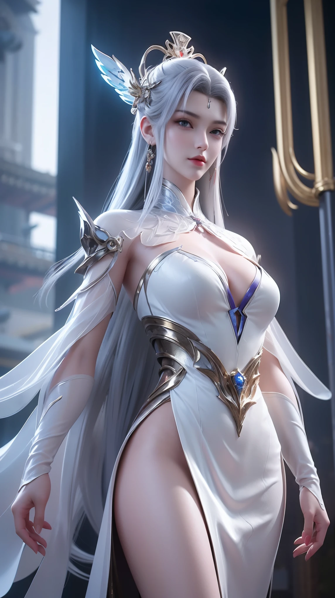 top-quality、​masterpiece、超A high resolution、(Photorealsitic:1.4)、Raw photo、Battle Cyborg Angel、large wings made of metal、White porcelain body、Acrylic Clear Cover、white  hair、glowy skin、1 Cyborg Girl、((super realistic details))、portlate、globalillumination、Shadow、octan render、8K、ultrasharp、character edge light,Colossal tits、Raw skin is exposed in cleavage、Details of complex ornaments、Zeta Gundam details、Hydraulic cylinder、Small LED lamp、highly intricate detail、Realistic light、a purple eye、radiant eyes、Facing the camera、neon details、cowboy  shot、Futuristic headgear、About Cyberpunk、、