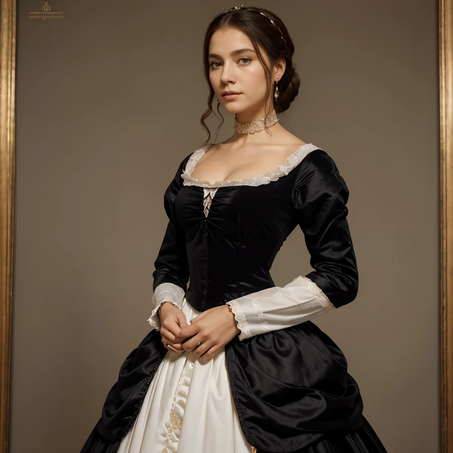 There is a 30 year's old serious woman in a black dress with a white collar, 17th-century duchess, pintura digital barroca, cabelo barroco, pintura digital renascentista, Retrato barroco, inspirado em Fra Bartolomeo, inspired by Júlíana Sveinsdóttir, inspirado em Ambrosius Benson, inspirado em Thyrza Anne Leyshon, vestindo uma roupa de nobre