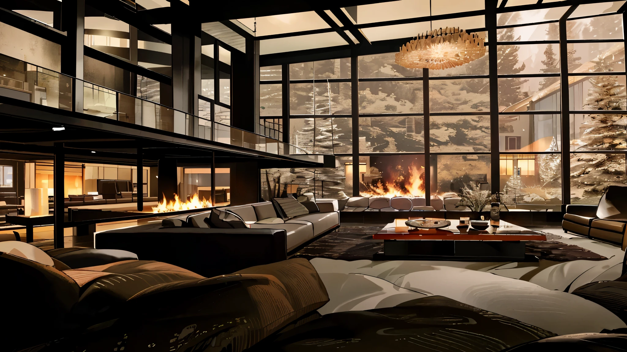 arafed living room with a large couch and a fireplace, warm interior, warm living room, Luxurious environment, cozy contemporary living room, warm interiors, Luxurious interiors, Luxury Apartment, cozy living room interior, comfortable environment, cozy living room, Warm light interior, modern living room, living room, Large windows with views of the forest at night, Dark and modern